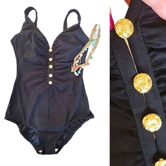 Vintage Black Gold Buttons Cut Outs One Piece Swimsuit Size 14 *fits like Med - Picture 1 of 15